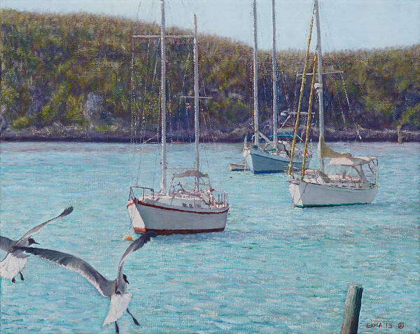 Boats Art Print featuring the painting Boats in Little Harbour by Ritchie Eyma