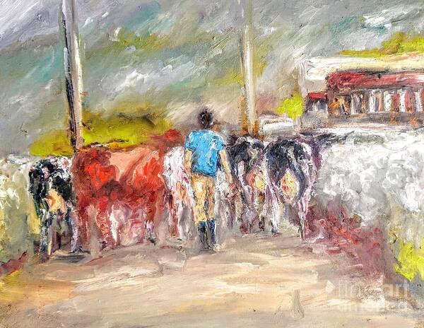 Cows Art Print featuring the painting Painting bringing the cows home by Mary Cahalan Lee - aka PIXI