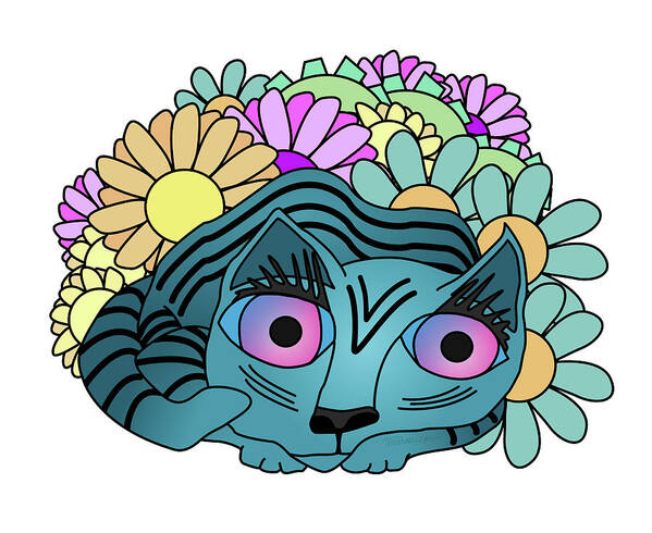 Cat Art Print featuring the digital art Cat in Flower Patch by Teresamarie Yawn