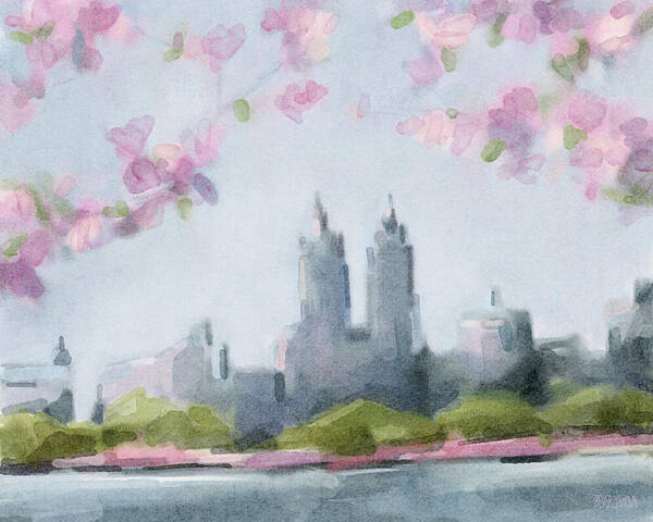 Central Park Art Print featuring the painting Cherry Blossoms Central Park Reservoir NYC by Beverly Brown