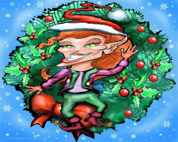 Christmas Art Print featuring the digital art Christmas Elf with Wreath by Kevin Middleton