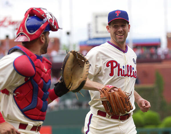 Baseball Catcher Art Print featuring the photograph Cliff Lee and Wil Nieves by Mitchell Leff