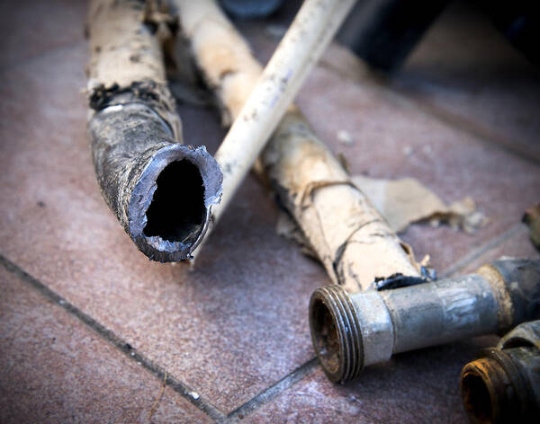 Electrical Component Art Print featuring the photograph Close-up of disconnected old lead pipe. by Gina Pricope