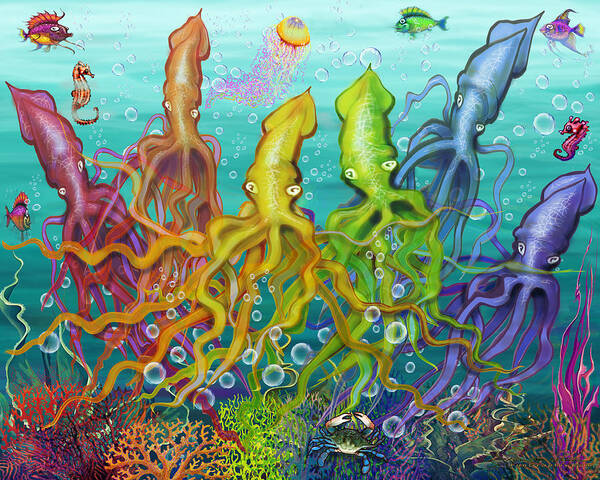 Squid Art Print featuring the digital art Colorful Calamari by Kevin Middleton