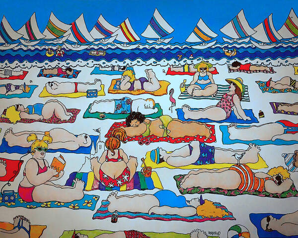 Colorful Beach Art Print featuring the painting Colorful Whimsical Beach Seashore Women Men by Rebecca Korpita