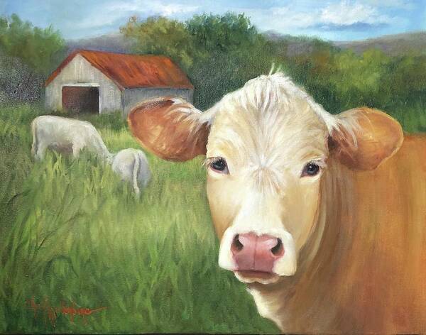 Cows Art Print featuring the painting Cows Gazing and Grazing in Arkansas Paddock by Cheri Wollenberg by Cheri Wollenberg