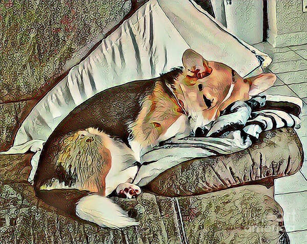 Pembroke Welsh Corgi Art Print featuring the mixed media Cricket the Sleeping Corgi by Kathy Kelly