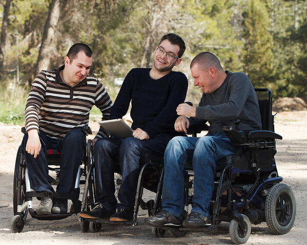 Using Digital Tablet Art Print featuring the photograph Disabled friends by Mikanaka