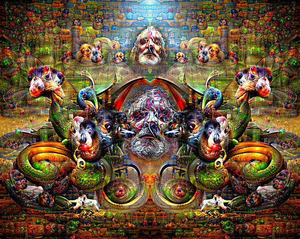 Psychedelic Art Print featuring the digital art DRAGON TALES IN DEEP DREAM combined BAD HAIR DAY SELFIE by Otto Rapp