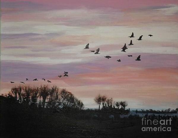Acrylic Landscape Art Print featuring the painting Dusk Flock by Denise Morgan