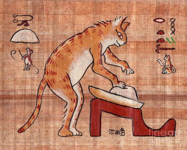 Cat Art Print featuring the painting Egyptian Cat Kneading Bread Dough by Pet Serrano