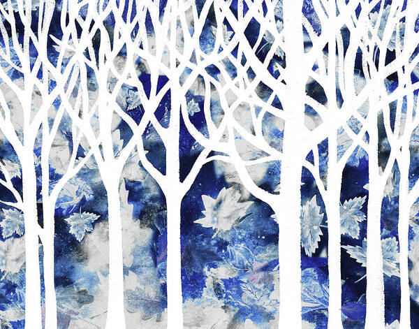 Abstract Forest Art Print featuring the painting Enchanted Winter Forest Watercolor Silhouette White Trees And Branches Blue Ground by Irina Sztukowski