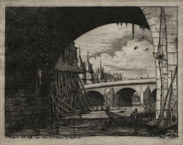 Etchings Of Paris An Arch Of The Notre Dame Bridge 1853 Charles Meryon Art Print featuring the painting Etchings of Paris An Arch of the Notre Dame Bridge 1853 Charles Meryon by MotionAge Designs