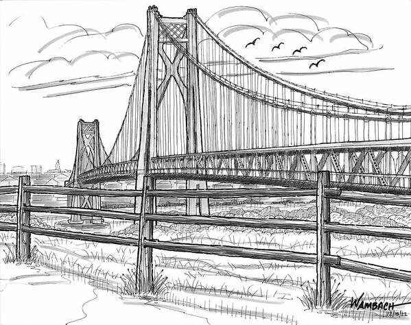 Poughkeepsie Art Print featuring the drawing FDR Mid-Hudson Bridge by Richard Wambach