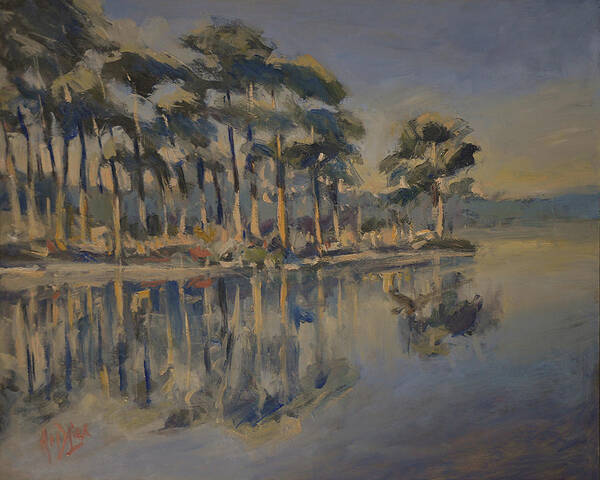 Fen Art Print featuring the painting Fen with pine trees by Nop Briex