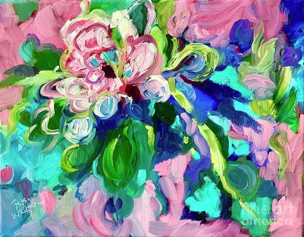 Abstract Floral Pink Blue Flowers Aqua Art Print featuring the painting First Bloom by Patsy Walton