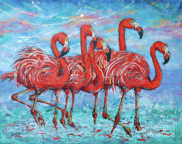  Art Print featuring the painting Flamingos Parade by Jyotika Shroff