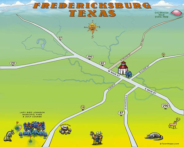 Fredericksburg Art Print featuring the digital art Fredericksburg Texas Fun Map by Kevin Middleton