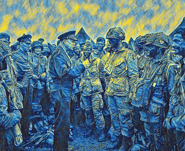 101st Airborne Division Art Print featuring the painting General Eisenhower Speaking With Airborne Troops Before D-Day by War Is Hell Store