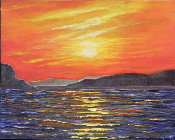 Sunset Art Print featuring the painting Gold on the water by Erika Dick