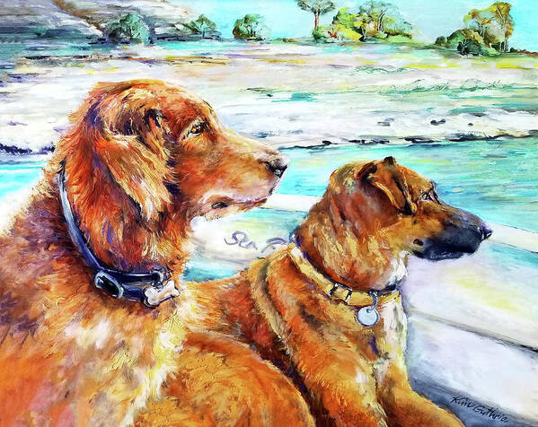 Golden Dog Art Print featuring the painting Golden and Cur Dogs on Boat Beach Day Painting by Kim Guthrie