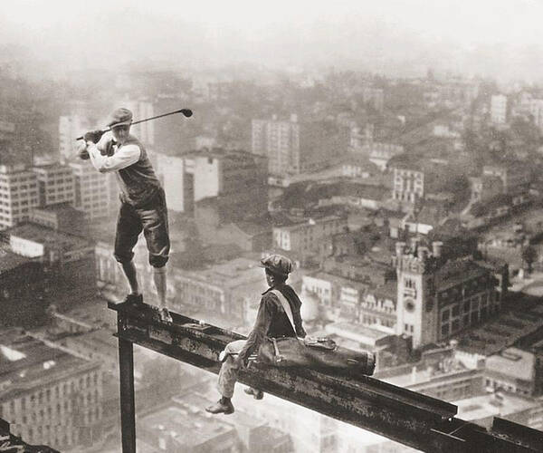 Golf Art Print featuring the painting Golfer On Girder Over New York Sepia by Tony Rubino