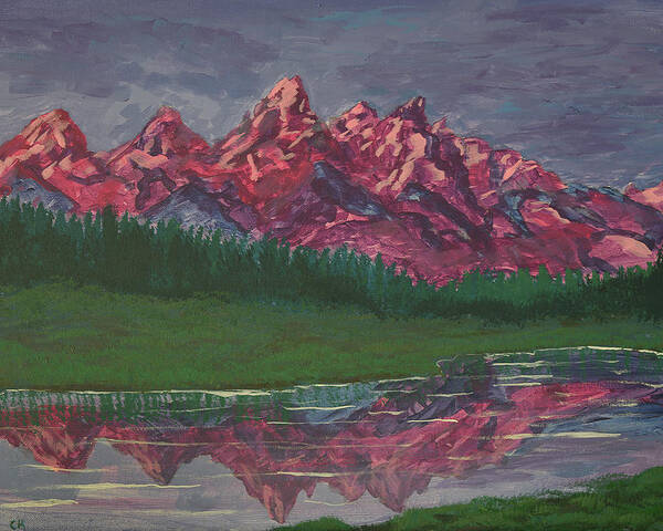 Grand Teton Art Print featuring the painting Grand Teton, Wyoming Sunrise Reflection by Chance Kafka