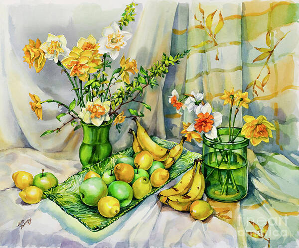 Green Art Print featuring the painting Green Yellow Still Life with Daffodils by Maria Rabinky