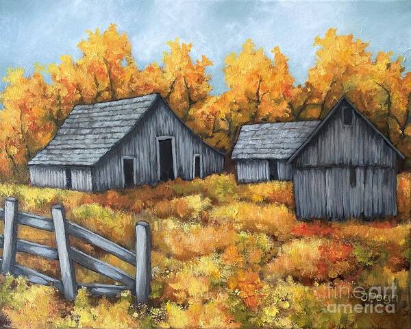 Barn Art Print featuring the painting Grey country barn autumn landscape by Inese Poga