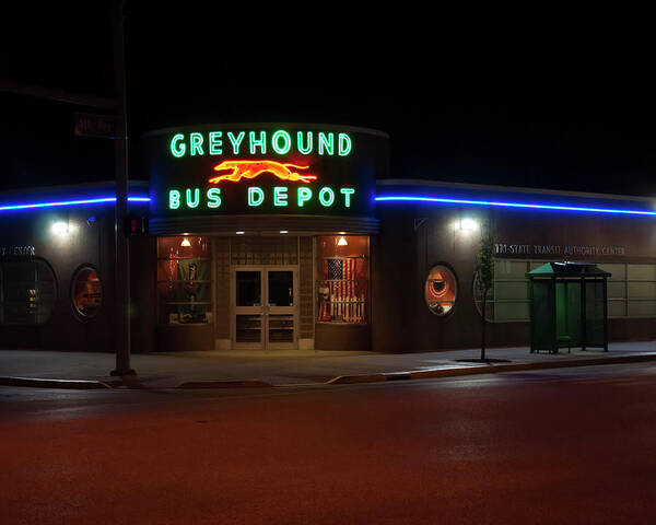 Greyhound Bus Depot Sign Neon Art Print featuring the photograph Greyhound bus depot sign neon by Flees Photos