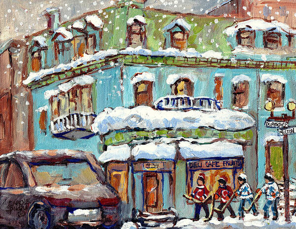 Montreal Art Print featuring the painting Grocery Store Corner Milton And Durocher Near Mcgill C Spandau Montreal Winter Scene Hockey Artist by Carole Spandau