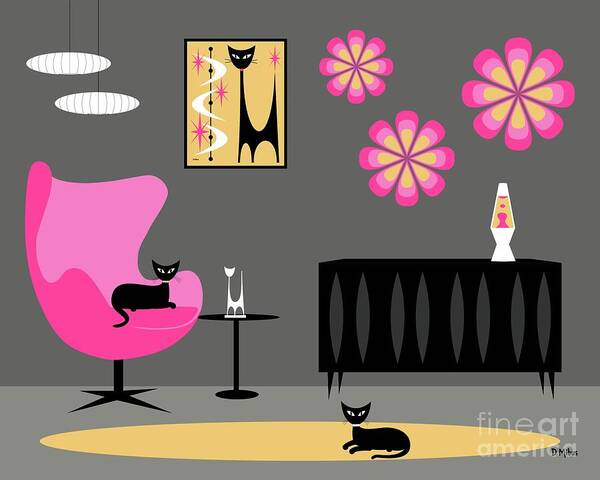 Mid Century Cat Art Print featuring the digital art Groovy Pink Yellow and Gray Room by Donna Mibus