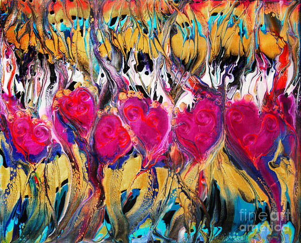 Colorful Stylized Hearts Valentines Red Dynamic Compelling Energetic Love Fun Art Print featuring the painting Growing Love 7665 by Priscilla Batzell Expressionist Art Studio Gallery