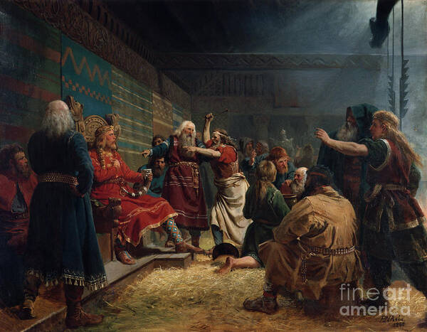 Peter Nicolai Arbo Art Print featuring the painting Haakon the good and farmers at the sacrifice of cage, 1860 by O Vaering by Peter Nicolai Arbo