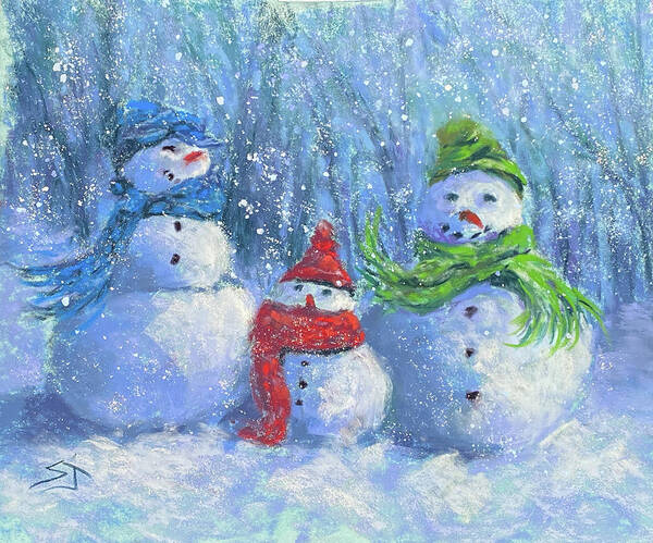 Snowman Art Print featuring the painting Happy Snowman Family by Susan Jenkins