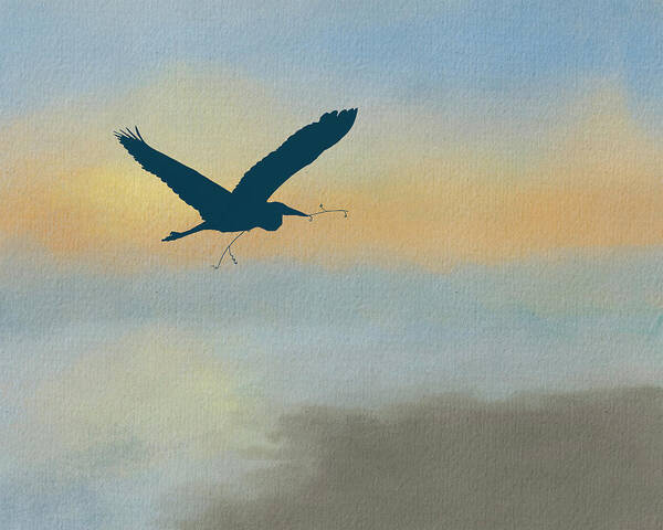 Great Blue Heron Art Print featuring the mixed media Heron Silhouette Flight on Watercolor Background by Patti Deters