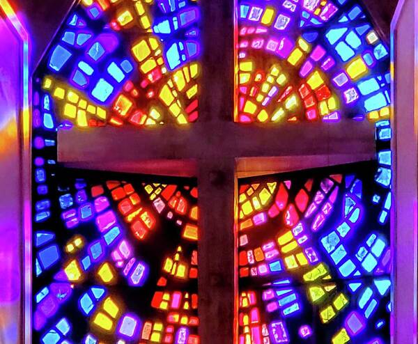 Hope Cross Church Stained Glass Sunday Colorful Religion Religious Art Print featuring the photograph Hope by Nora Martinez