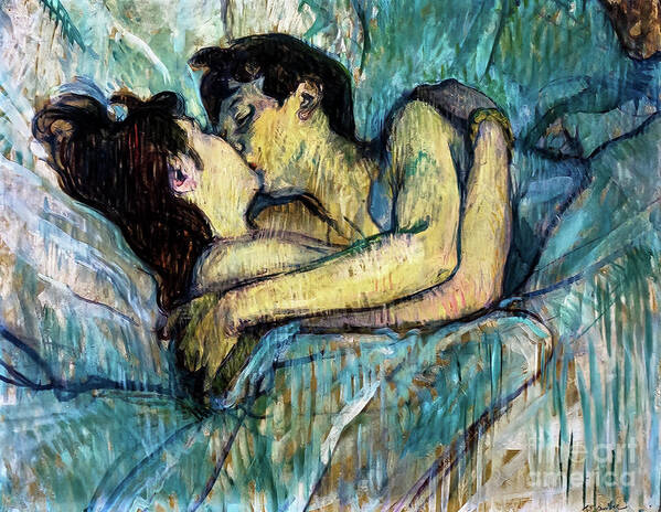 French Art Print featuring the painting In Bed The Kiss by Henri de Toulouse-Lautrec 1892 by Henri de Toulouse-Lautrec