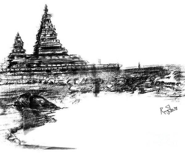 Mahabalipuram Art Print featuring the painting Indian Hindu Temple Structure - Mahabalipuram - a South India Monument and seashore resort by Remy Francis