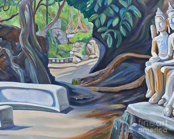 Jalan Jalan Art Print featuring the painting Jalan Jalan Imports Topanga Canyon Painting jalan jalan bali importer hidden water fall browns neutral colors topanga canyon greens asia autumn background beautiful beauty blossom color europe by N Akkash