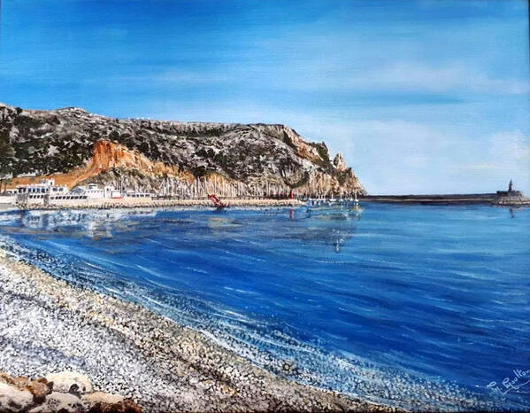 Spain Art Print featuring the painting Javea Port pebble beach Spain by Mackenzie Moulton