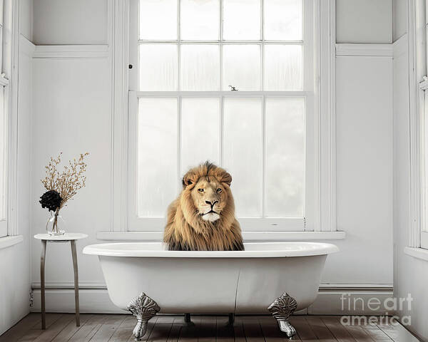 Bath Art Print featuring the photograph Lion Taking a Bath by Mindy Sommers