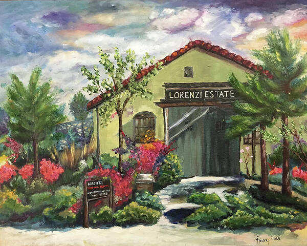 Lorenzi Art Print featuring the painting Lorenzi Estate Winery by Roxy Rich