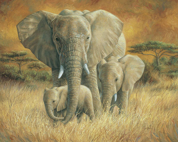 Elephant Art Print featuring the painting Loving Mother by Lucie Bilodeau
