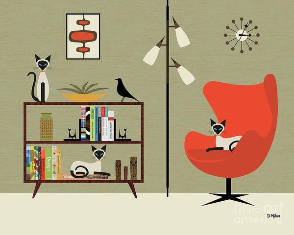 Mid Century Modern Art Print featuring the digital art Mid Century Bookcase Room with Siamese by Donna Mibus