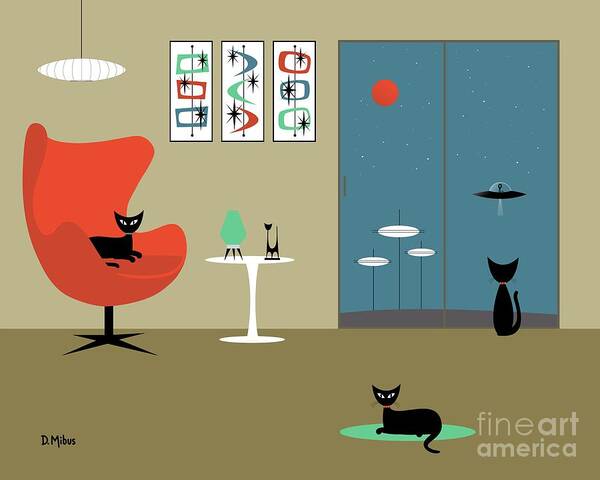 Mid Century Modern Art Print featuring the digital art Mid Century Cat Spies Flying Saucer by Donna Mibus