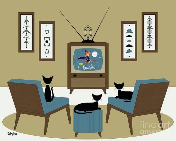 Cats Art Print featuring the digital art Mid Century Cat Watching TV by Donna Mibus
