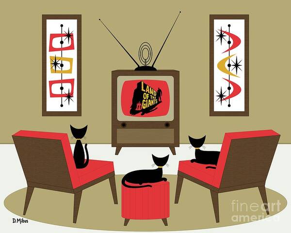 Land Of The Giants Art Print featuring the digital art Mid Century Cats Watch Land of the Giants by Donna Mibus