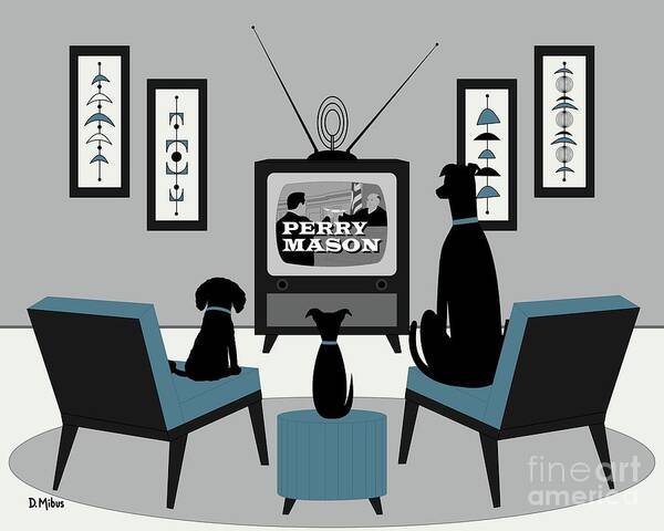 Black Dogs Art Print featuring the digital art Mid Century Dogs Watch Perry Mason by Donna Mibus