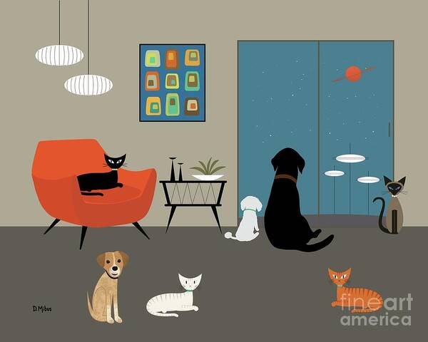  Art Print featuring the digital art Mid Century Modern Dogs and Cats by Donna Mibus